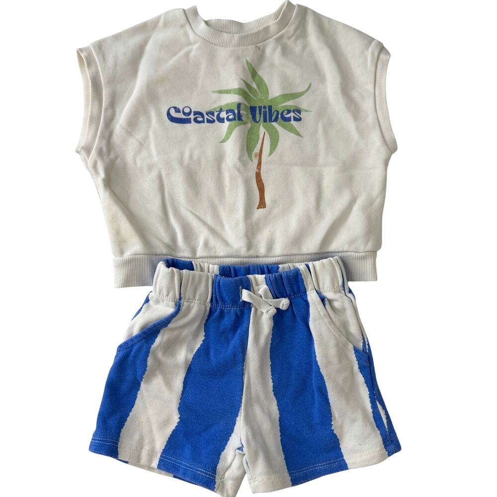Grayson Mini Coastal Vibes White Blue Top & Shorts Outfit Size 18 Months